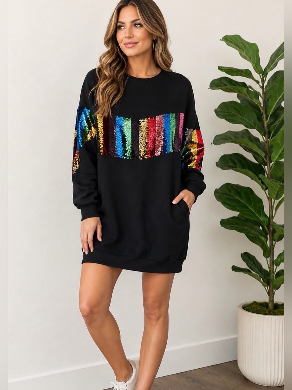 NWT Boutique Black Rainbow Sequin Sweatshirt Dress – One Size